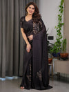 Black Satin Georgette Saree | Gold Leaf Outline Print & Designer Attached Blouse – Buy Online