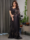 Black Satin Georgette Saree | Gold Leaf Outline Print & Designer Attached Blouse – Buy Online