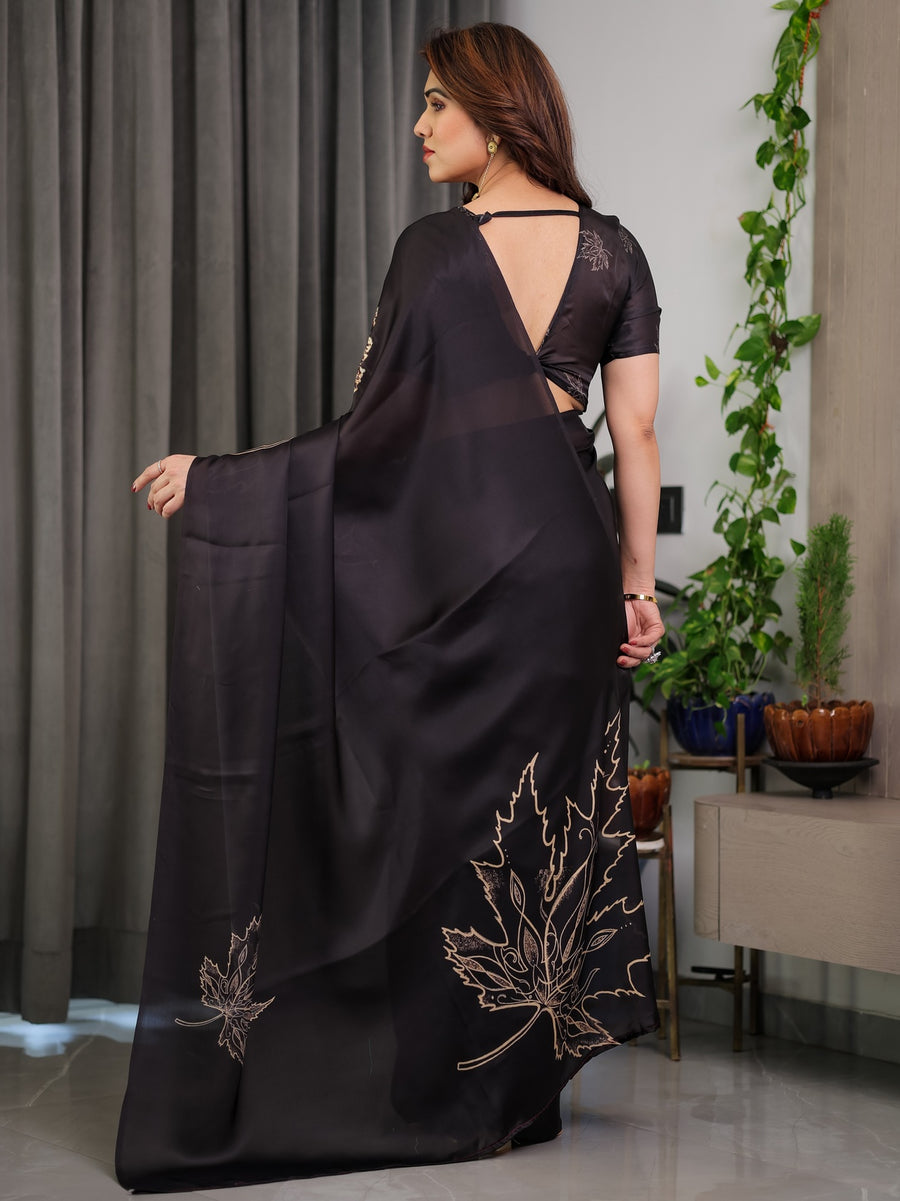 Black Satin Georgette Saree | Gold Leaf Outline Print & Designer Attached Blouse – Buy Online