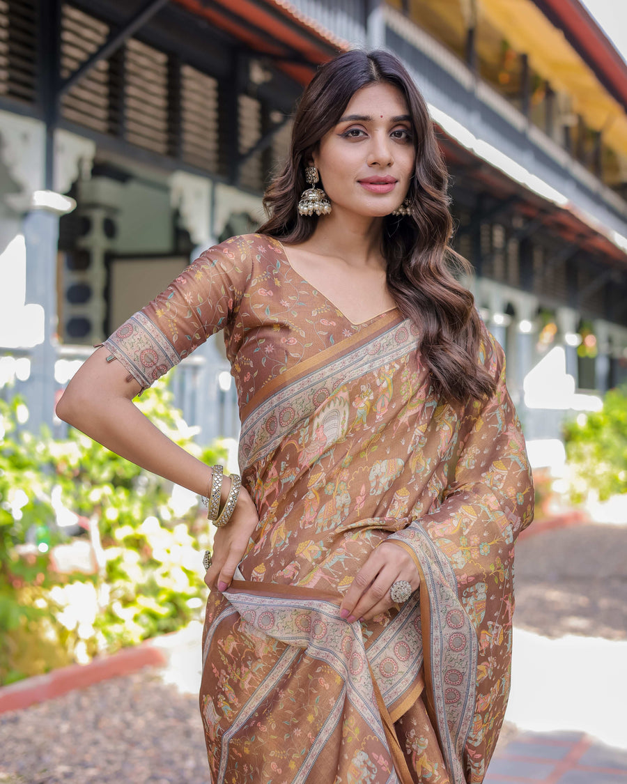 Royal Brown Procession Print Handloom Cotton Saree with Illustrated Pallu & Blouse