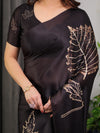 Black Satin Georgette Saree | Gold Leaf Outline Print & Designer Attached Blouse – Buy Online
