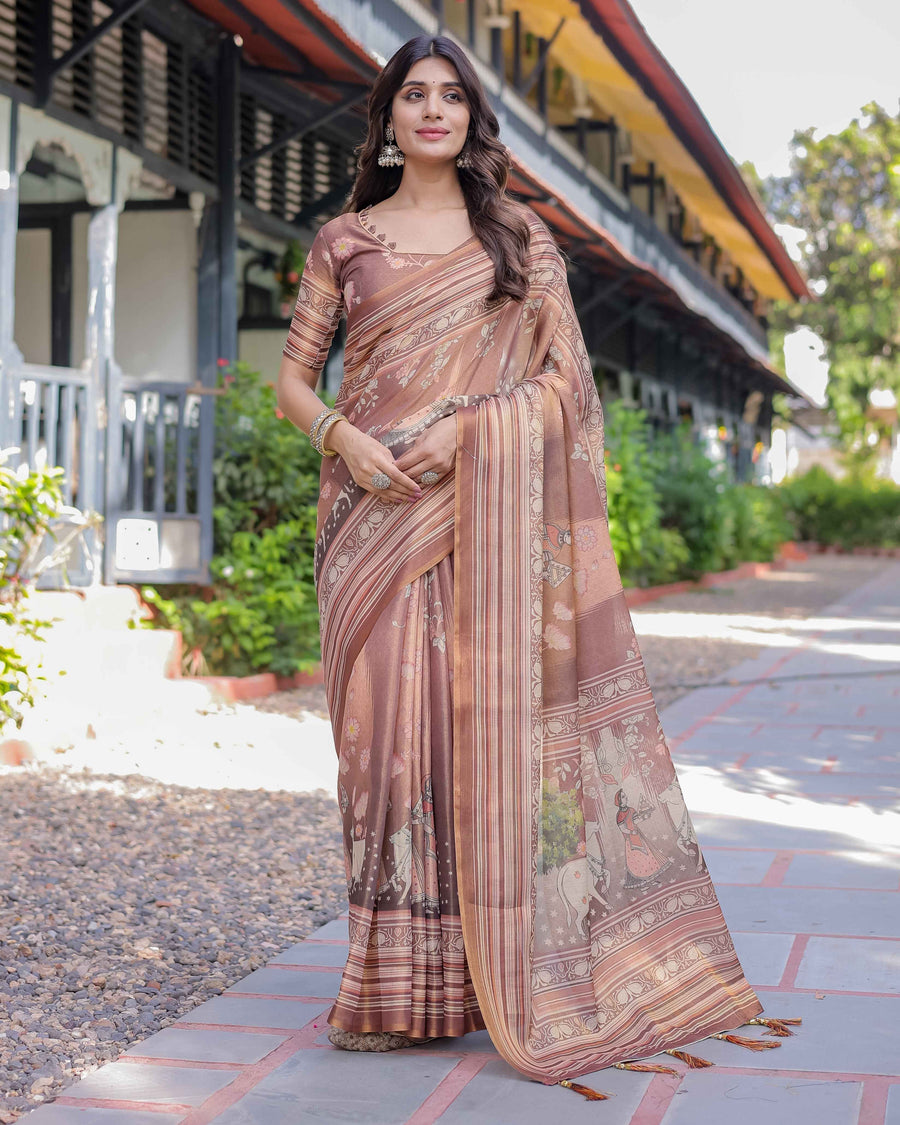 Divine Brown Handloom Cotton Saree with Radha Krishna & Cow Motif – Ethnic Village Charm