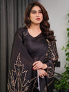 Black Satin Georgette Saree | Gold Leaf Outline Print & Designer Attached Blouse – Buy Online