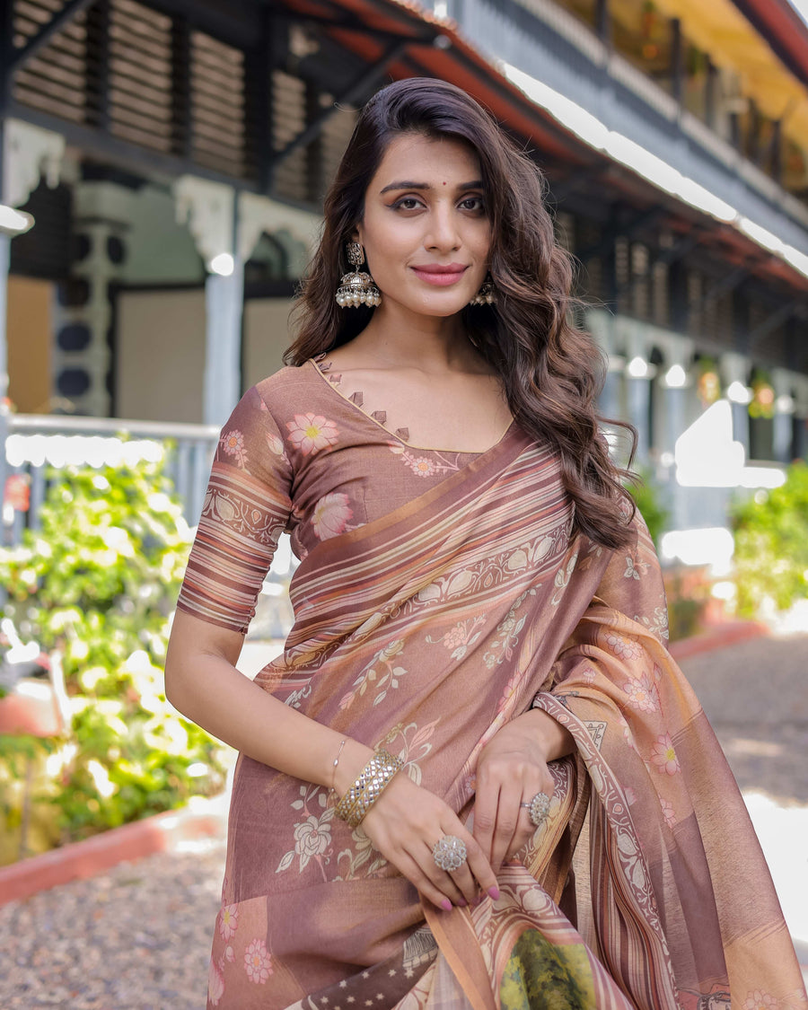 Divine Brown Handloom Cotton Saree with Radha Krishna & Cow Motif – Ethnic Village Charm