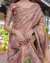 Divine Brown Handloom Cotton Saree with Radha Krishna & Cow Motif – Ethnic Village Charm