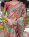 Rust Maroon Handloom Cotton Saree with Folk Procession Pallu & Floral Vine Print