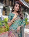 Sea Green Handloom Cotton Saree with Multicolor Floral & Royal Procession Pallu