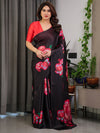 Black Satin Georgette Rose Printed Saree | Red Floral Artwork – Buy Online | Shree Roop