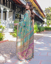 Sea Green Handloom Cotton Saree with Multicolor Floral & Royal Procession Pallu