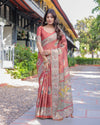Rust Red Madhubani Fish Art Pure Handloom Cotton Saree with Contrast Blouse & Tassels