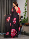 Black Satin Georgette Rose Printed Saree | Red Floral Artwork – Buy Online | Shree Roop