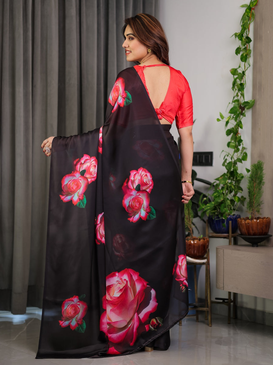 Black Satin Georgette Rose Printed Saree | Red Floral Artwork – Buy Online | Shree Roop