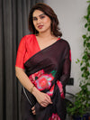 Black Satin Georgette Rose Printed Saree | Red Floral Artwork – Buy Online | Shree Roop