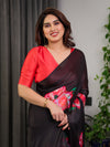 Black Satin Georgette Rose Printed Saree | Red Floral Artwork – Buy Online | Shree Roop