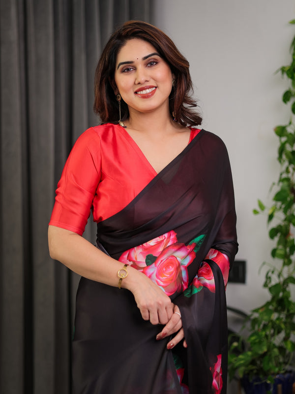 Black Satin Georgette Rose Printed Saree | Red Floral Artwork – Buy Online | Shree Roop