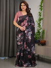 Black Satin Georgette Mauve Pink Floral Printed Saree with Attached Blouse – Buy Online