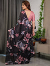 Black Satin Georgette Mauve Pink Floral Printed Saree with Attached Blouse – Buy Online