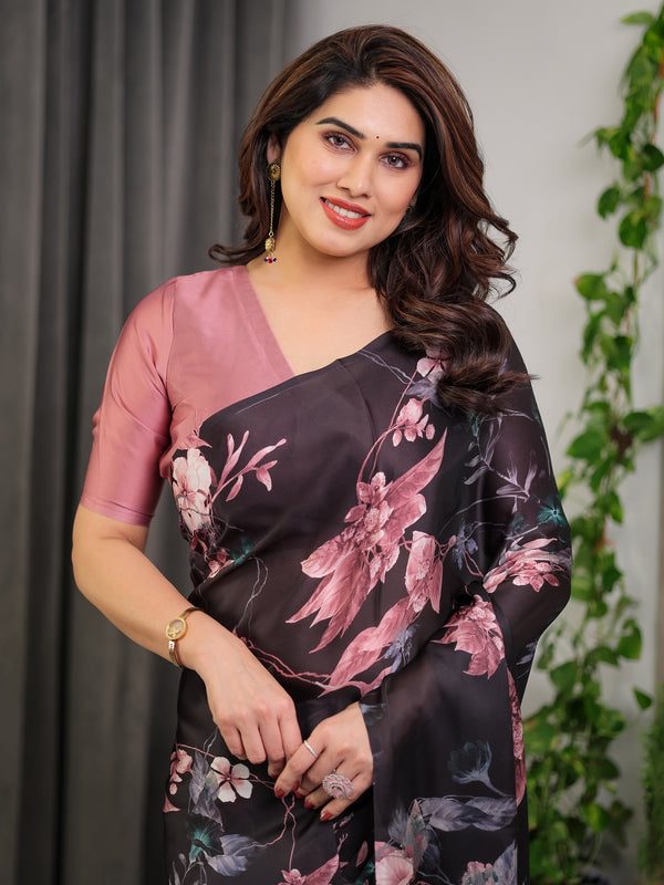Black Satin Georgette Mauve Pink Floral Printed Saree with Attached Blouse – Buy Online