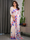 Cream Satin Georgette Multicolor Floral Printed Saree with Attached Blouse – Buy Online