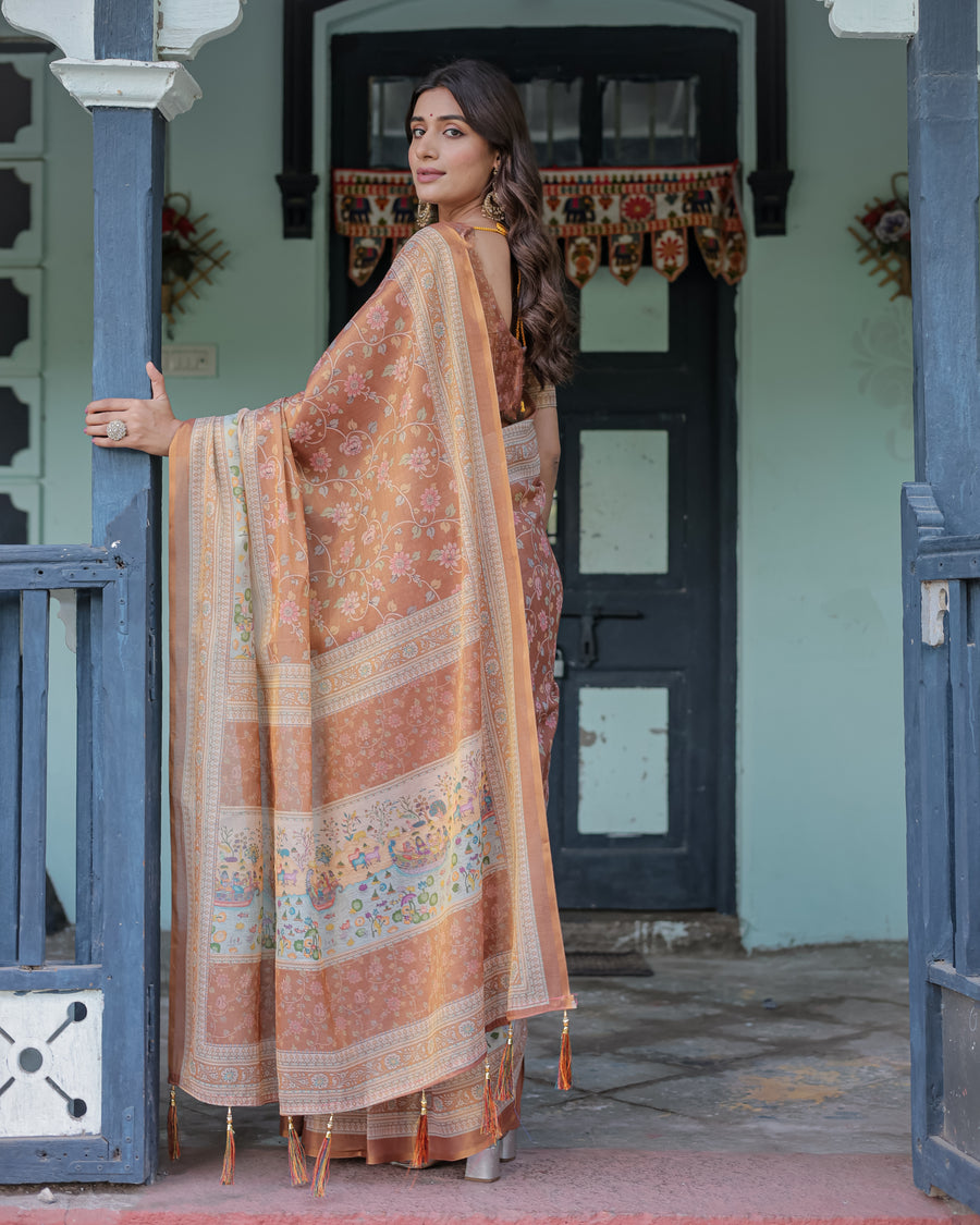 Burnt Peach Handloom Cotton Saree with Floral Buta Design & Village Scene Pallu