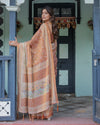 Burnt Peach Handloom Cotton Saree with Floral Buta Design & Village Scene Pallu