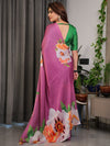 Pink Satin Georgette Saree | Bold Floral Prints & Matching Attached Blouse – Buy Online