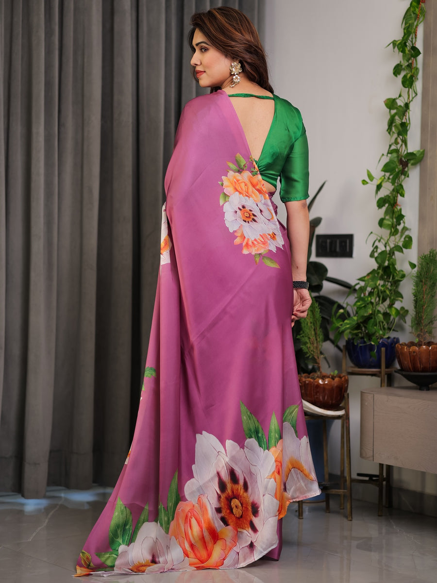 Pink Satin Georgette Saree | Bold Floral Prints & Matching Attached Blouse – Buy Online