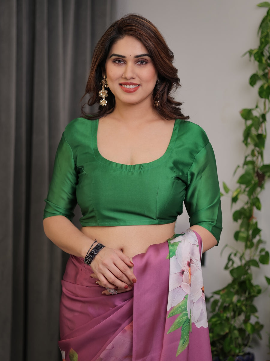 Pink Satin Georgette Saree | Bold Floral Prints & Matching Attached Blouse – Buy Online