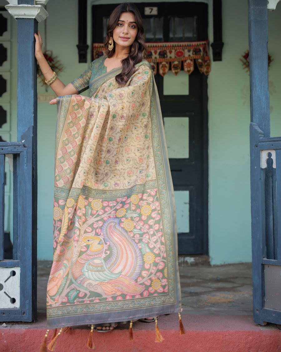 Beige Green Handloom Cotton Saree with Lotus Print & Colorful Peacock Pallu