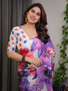 White Multicolor Watercolour Floral Satin Georgette Saree | Designer Attached Blouse – Buy Online