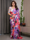 White Multicolor Watercolour Floral Satin Georgette Saree | Designer Attached Blouse – Buy Online