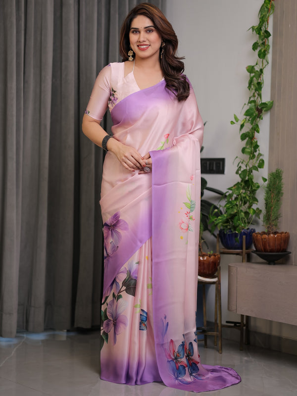 Blush Pink & Lavender Satin Georgette Floral Printed Saree | Soft Ombre – Buy Online