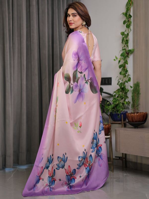 Blush Pink & Lavender Satin Georgette Floral Printed Saree | Soft Ombre – Buy Online