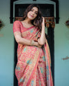 Terracotta Red Handloom Cotton Saree with Floral Vine Print & Dual-Toned Royal Motif Pallu