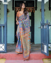 Royal Blue & Rust Handloom Cotton Saree with Bold Floral Print & Grand Peacock Pallu