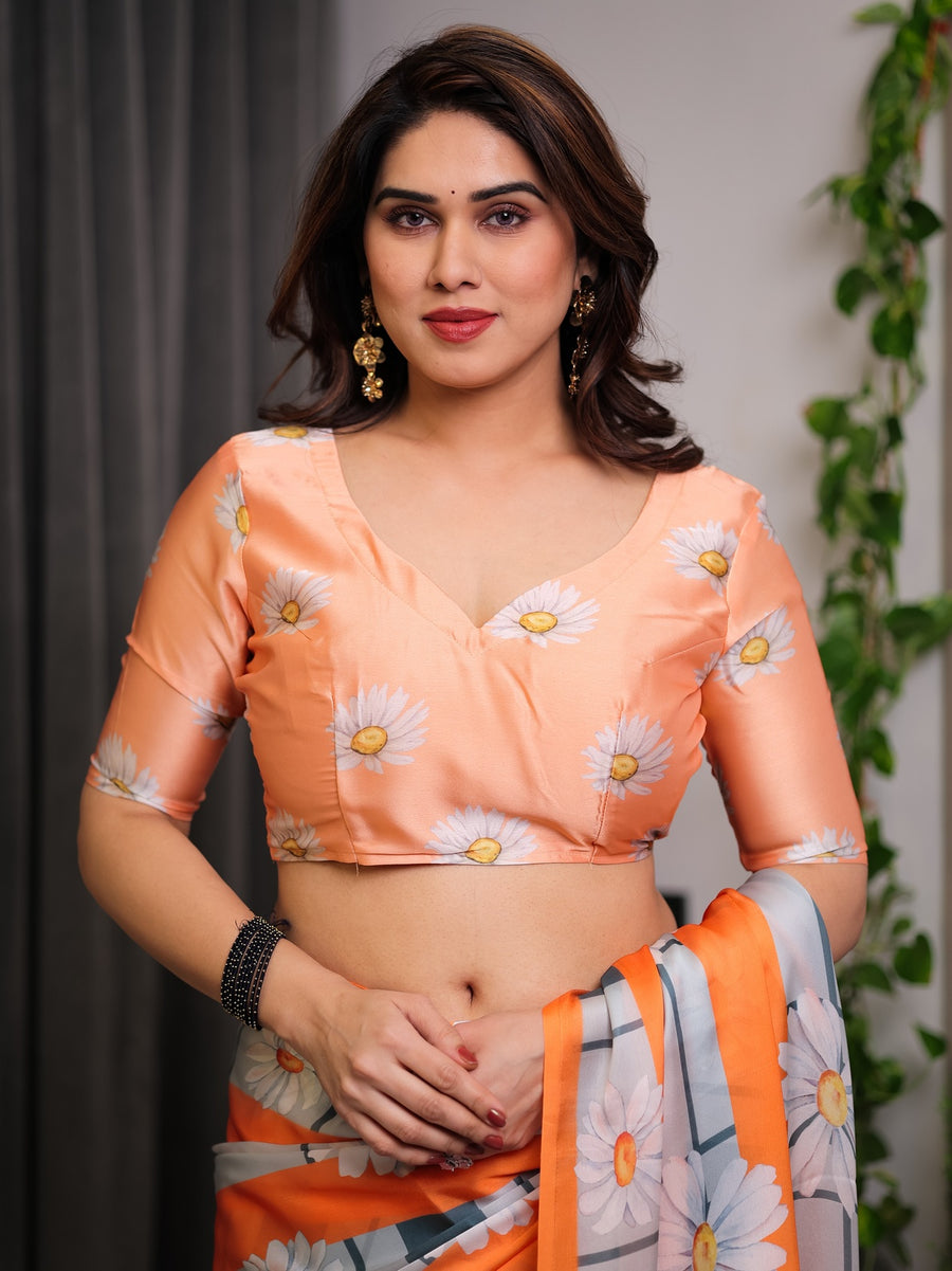 Orange Satin Georgette Daisy Floral Printed Saree with Attached Blouse – Buy Online | Shree Roop