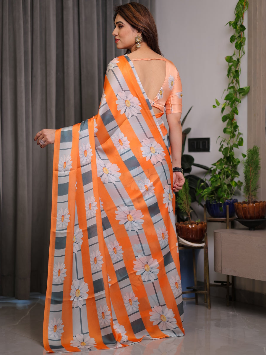 Orange Satin Georgette Daisy Floral Printed Saree with Attached Blouse – Buy Online | Shree Roop