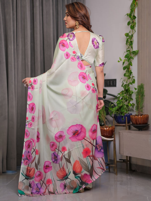 Mint Green Satin Georgette Floral Printed Saree | Watercolor Bloom – Buy Online