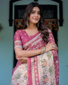 Rose Pink Handloom Cotton Saree with Ivory Elephant Procession Pallu & Floral Print