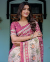 Rose Pink Handloom Cotton Saree with Ivory Elephant Procession Pallu & Floral Print