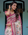 Rose Pink Handloom Cotton Saree with Ivory Elephant Procession Pallu & Floral Print