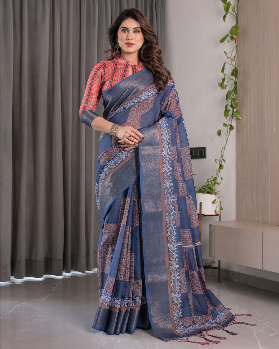 Luxurious Off-White Silk Saree with Gold Accents & Artistic Detailing – Timeless Fashion