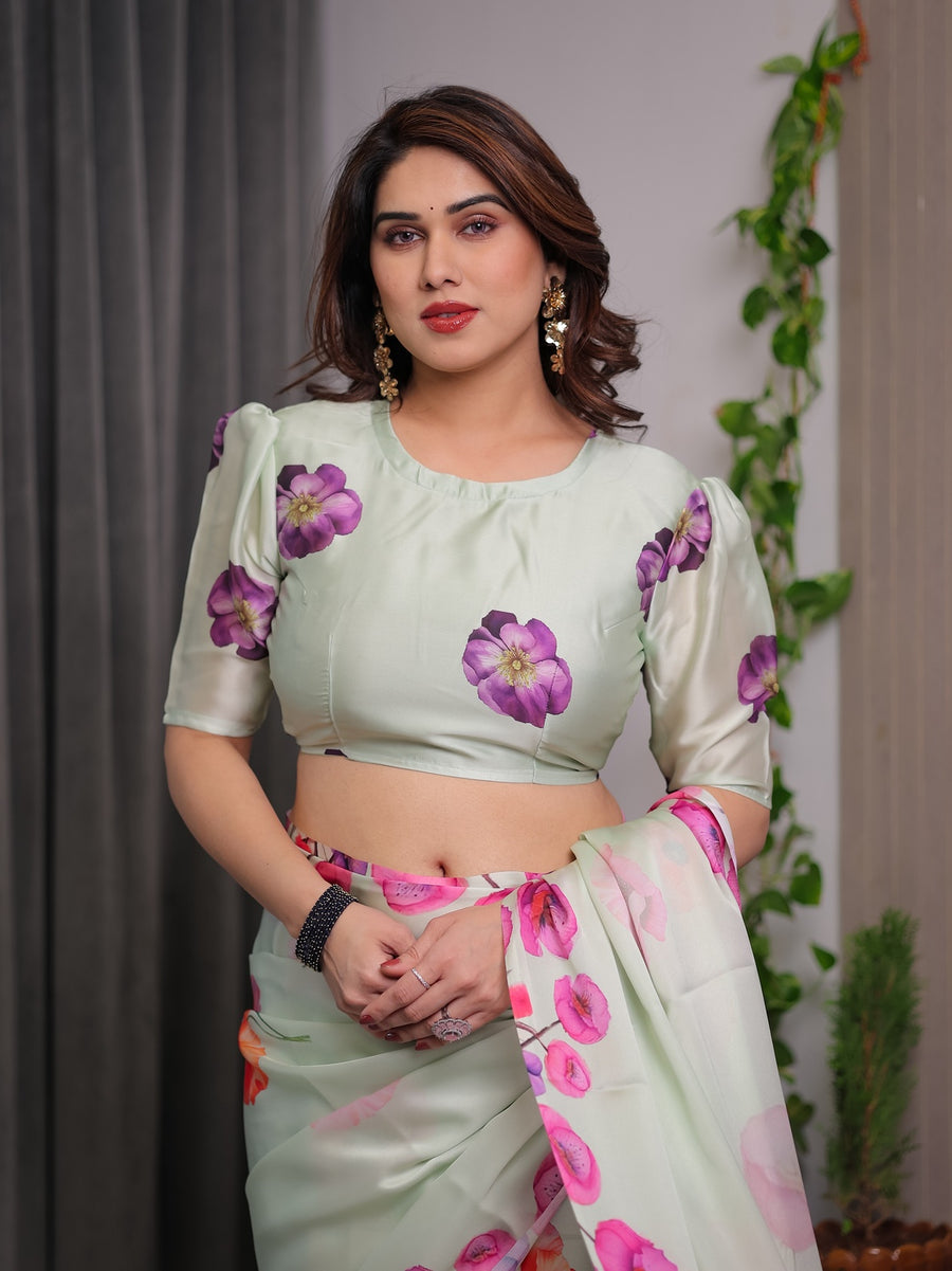 Mint Green Satin Georgette Floral Printed Saree | Watercolor Bloom – Buy Online