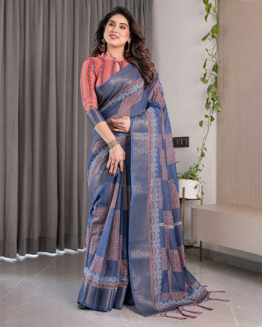 Slate Blue Handloom Linen Saree with Copper Zari Border & Geometric Digital Block Prints | Contrast Tassels & Attached Blouse | 5.5m Saree + 0.8m Blouse