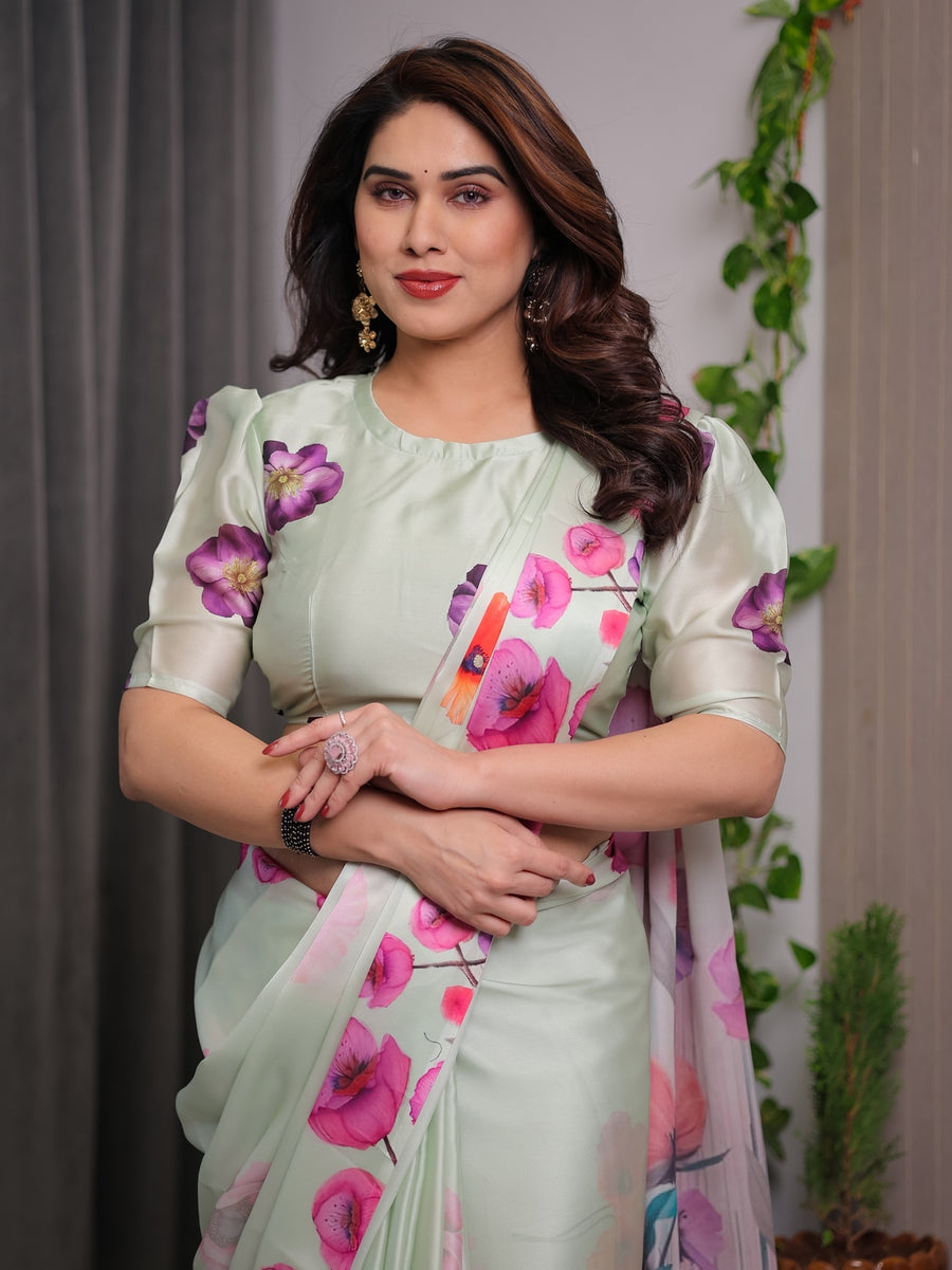 Mint Green Satin Georgette Floral Printed Saree | Watercolor Bloom – Buy Online