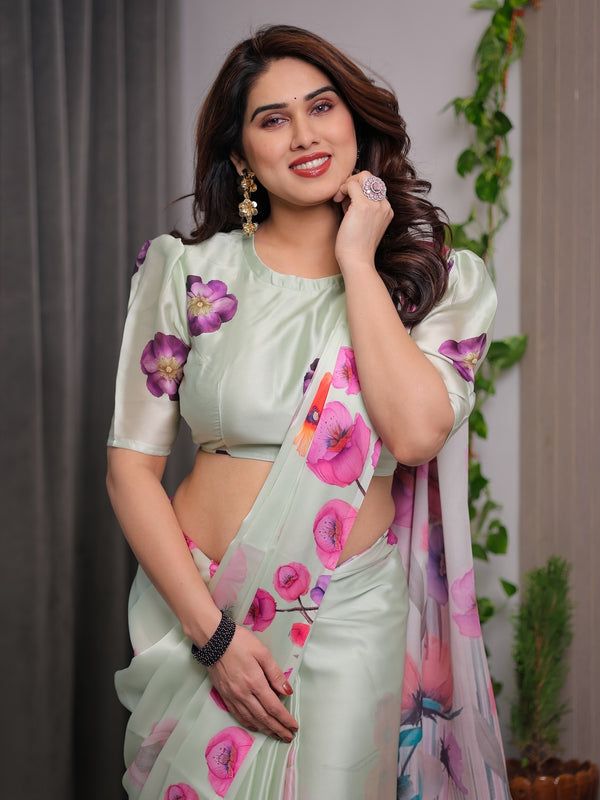Mint Green Satin Georgette Floral Printed Saree | Watercolor Bloom – Buy Online