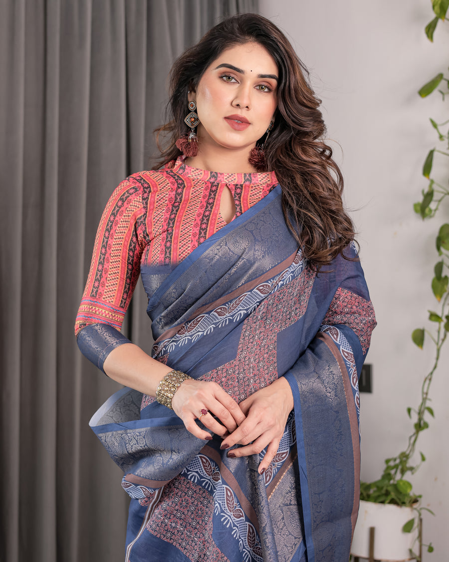 Luxurious Off-White Silk Saree with Gold Accents & Artistic Detailing – Timeless Fashion