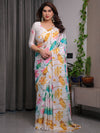 White Satin Georgette Lotus Floral Printed Saree with Attached Blouse – Buy Online | Shree Roop