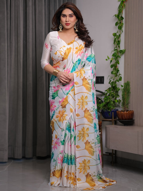 White Satin Georgette Lotus Floral Printed Saree with Attached Blouse – Buy Online | Shree Roop