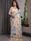 White Satin Georgette Lotus Floral Printed Saree with Attached Blouse – Buy Online | Shree Roop